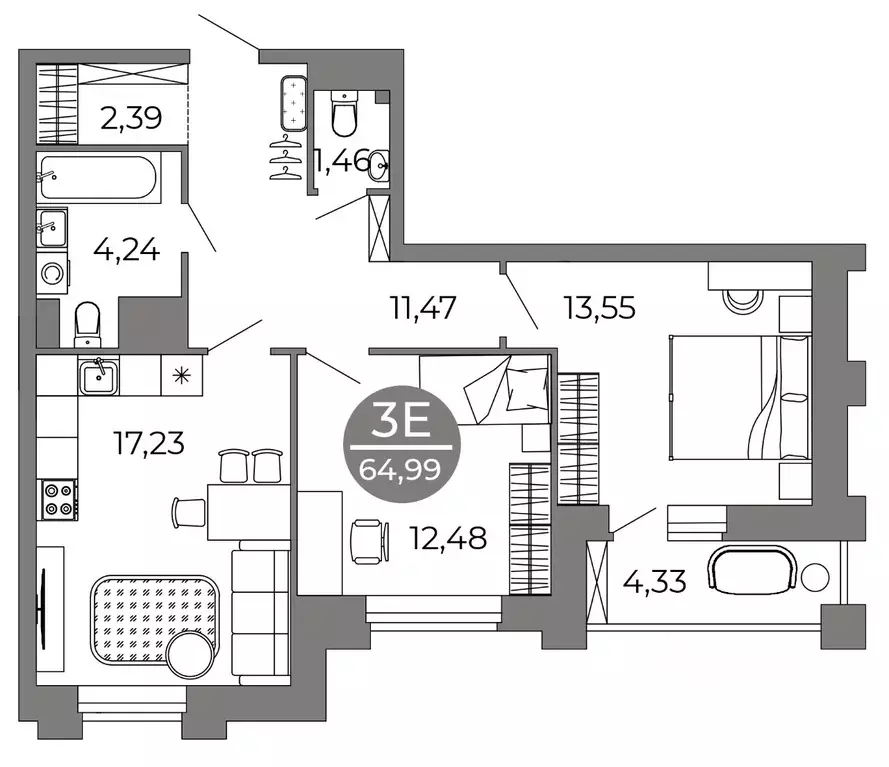 2-к кв. Воронежская область, Воронеж ул. Кривошеина, 13/14 (64.99 м) - Фото 1