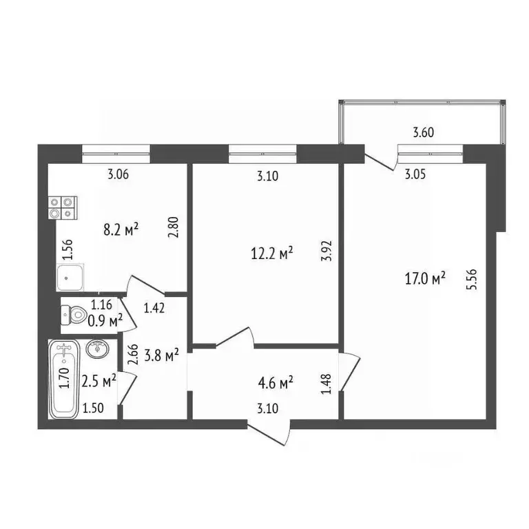 2-к кв. Тамбовская область, Тамбов ул. Рылеева, 73 (53.1 м) - Фото 2