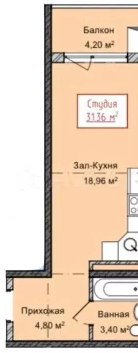 Квартира-студия, 31,4 м, 11/13 эт. - Фото 1