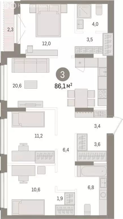 3-комнатная квартира: Новосибирск, улица Аэропорт (86.07 м) - Фото 1