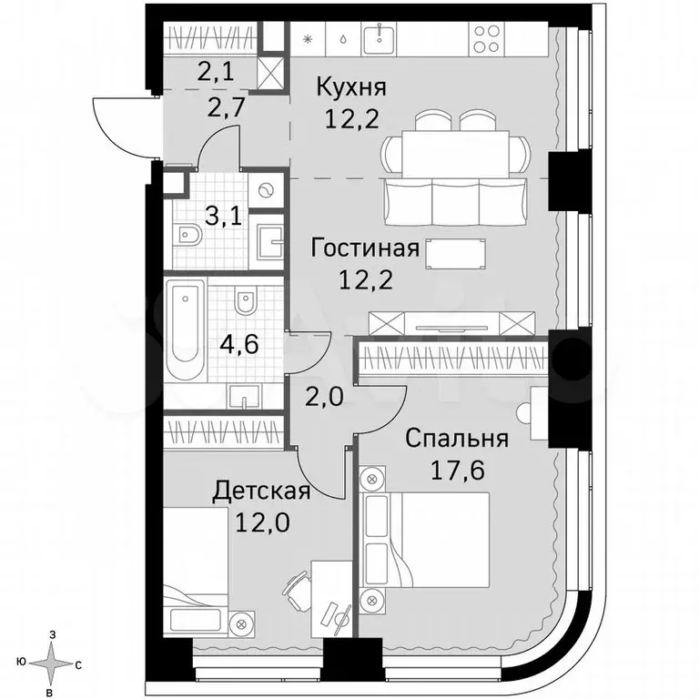 2-к. квартира, 68,5 м, 3/49 эт. - Фото 0