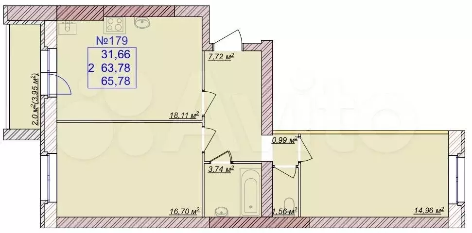 2-к. квартира, 65,8 м, 7/9 эт. - Фото 0