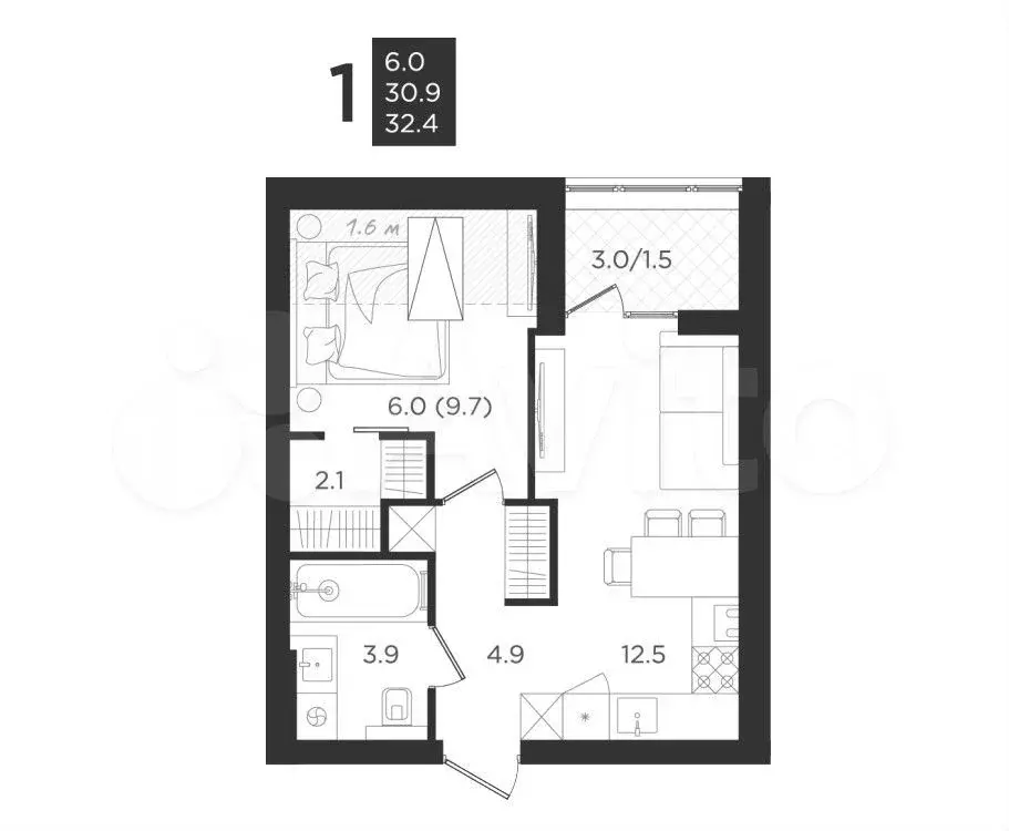 1-к. квартира, 30,9 м, 4/4 эт. - Фото 0