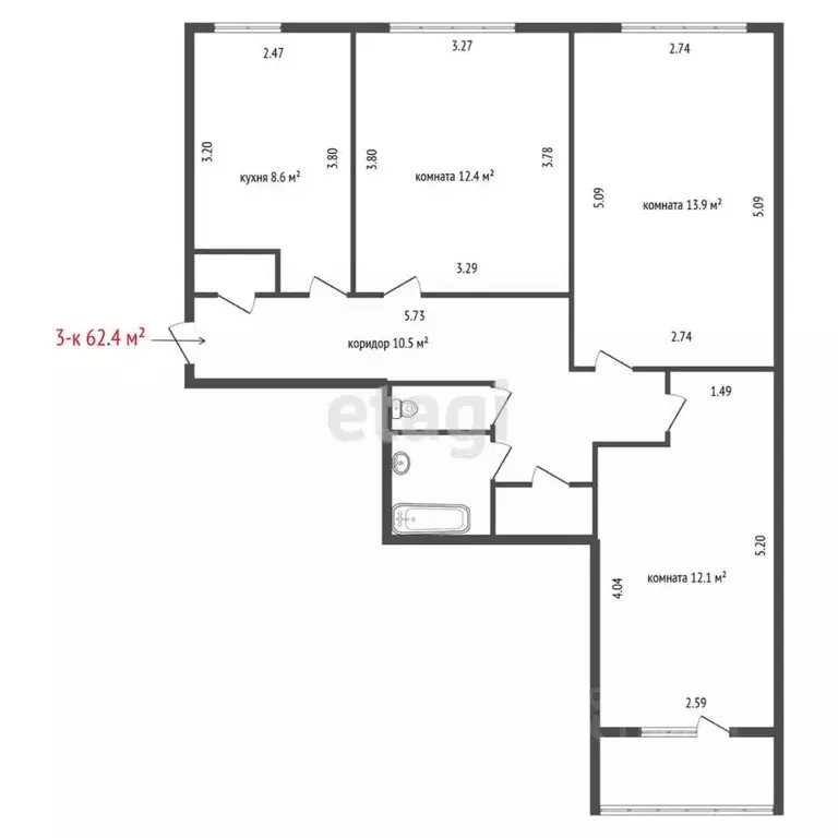 3-к кв. Свердловская область, Екатеринбург ул. Карла Маркса, 43 (62.4 ... - Фото 2