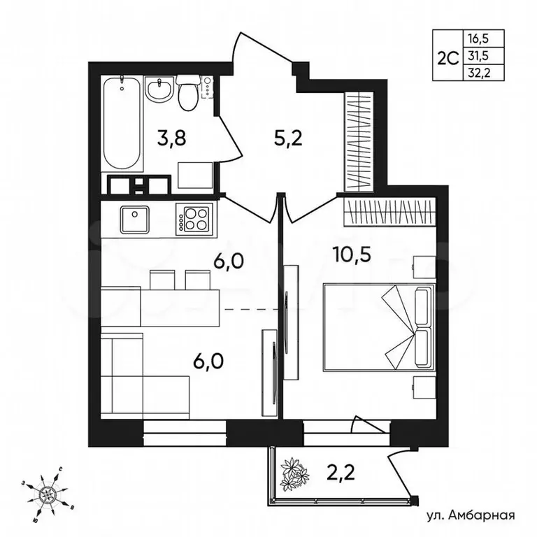 2-к. квартира, 32,2м, 7/9эт. - Фото 1