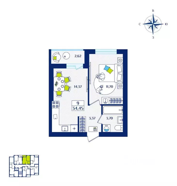 1-к кв. Калининградская область, Зеленоградск  (34.45 м) - Фото 1