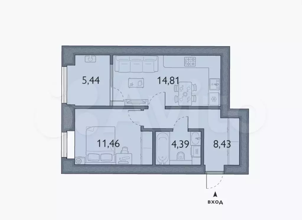 1-к. квартира, 44,5 м, 6/6 эт. - Фото 1