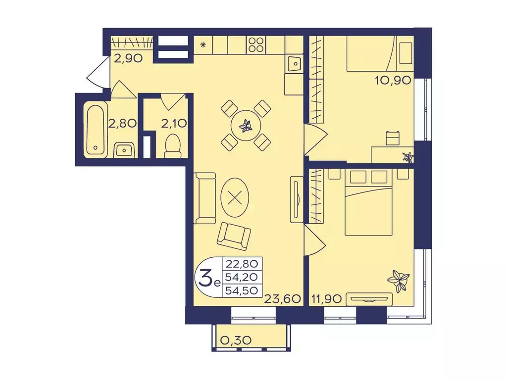 2-к квартира, 54.4 м - Фото 0