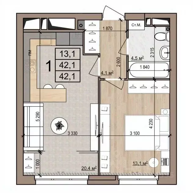 1-к кв. Рязанская область, Рязань ул. Новоселов, 33Б (42.1 м) - Фото 1