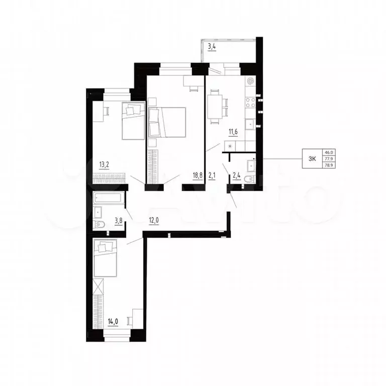 3-к. квартира, 78,9 м, 6/8 эт. - Фото 0