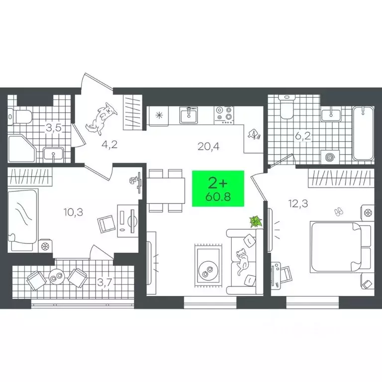 2-к кв. Тюменская область, Тюмень Комарово Парк жилрайон,  (60.88 м) - Фото 2