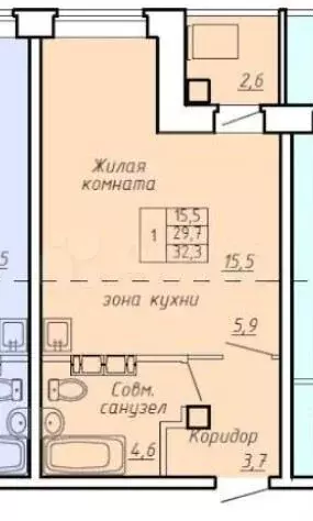 Квартира-студия, 32,3 м, 6/9 эт. - Фото 0