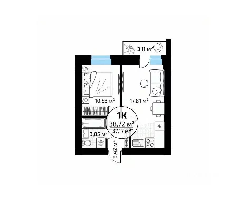 1-к кв. Самарская область, Самара пос. Мехзавод, 1-й кв-л, 50 (38.72 ... - Фото 1