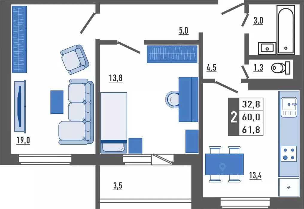 2-к кв. Орловская область, Орел Мясокомбинат мкр,  (61.8 м) - Фото 1