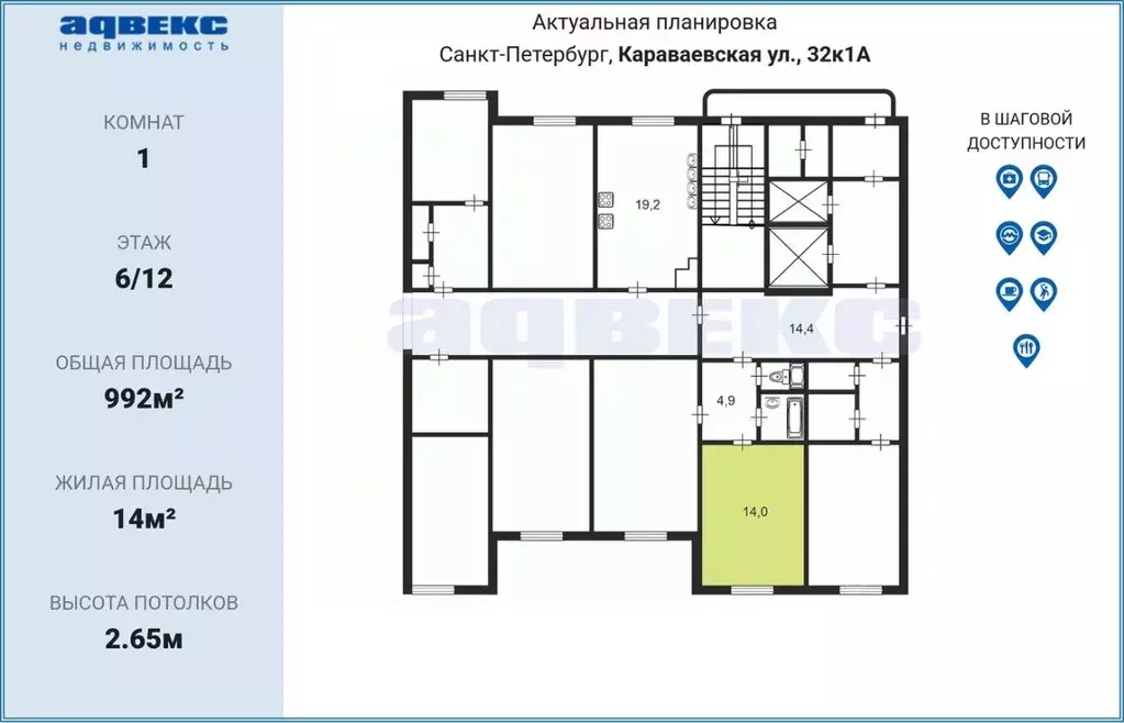 Комната Санкт-Петербург Караваевская ул., 32К1 (14.0 м) - Фото 2