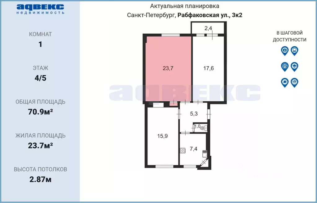 Комната Санкт-Петербург Рабфаковская ул., 3К2 (23.7 м) - Фото 1