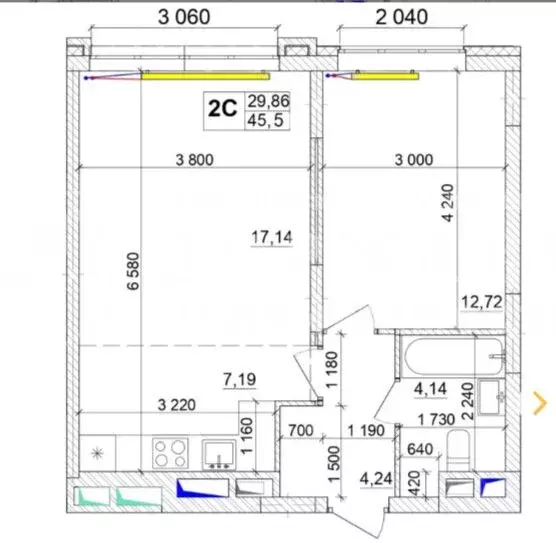 1-к кв. Кемеровская область, Кемерово ул. Сарыгина, 31 (45.5 м) - Фото 2