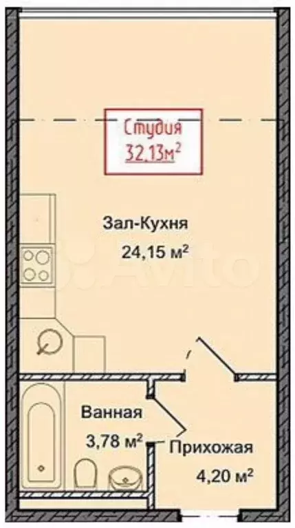 Квартира-студия, 32,1 м, 3/13 эт. - Фото 1