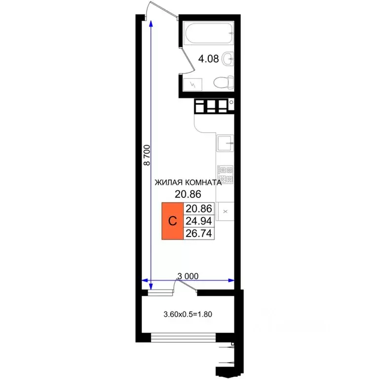 Студия Краснодарский край, Новороссийск ул. Григория Белькинда (26.74 ... - Фото 1