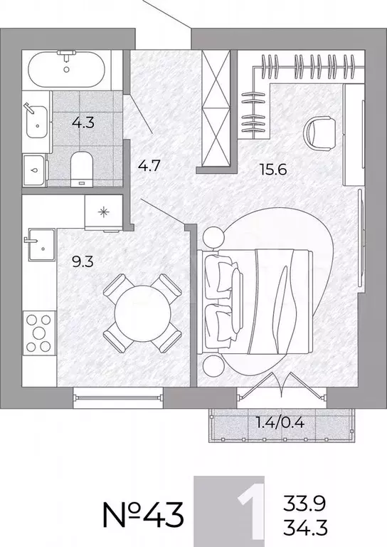 1-к. квартира, 34,3 м, 3/4 эт. - Фото 0