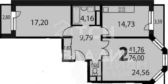 Квартира, 2 комнаты, 73.7 м - Фото 2