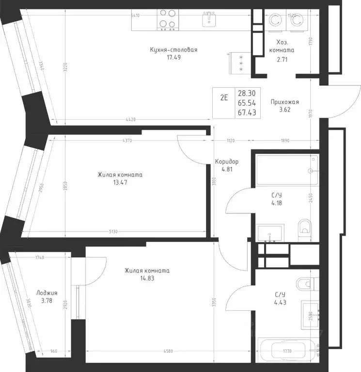 2-к кв. Татарстан, Казань Седьмое Небо жилрайон,  (67.43 м) - Фото 2