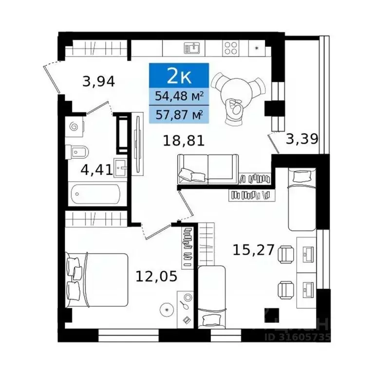 2-к кв. Курганская область, Курган просп. Конституции (57.87 м) - Фото 2