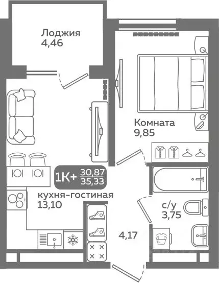 1-к кв. Тюменская область, Тюмень ул. Заполярная, 9/2 (30.87 м) - Фото 0