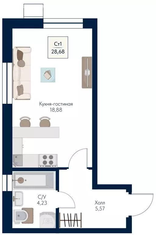Квартира-студия: Мытищи, ЖК Бархат (28.68 м) - Фото 1
