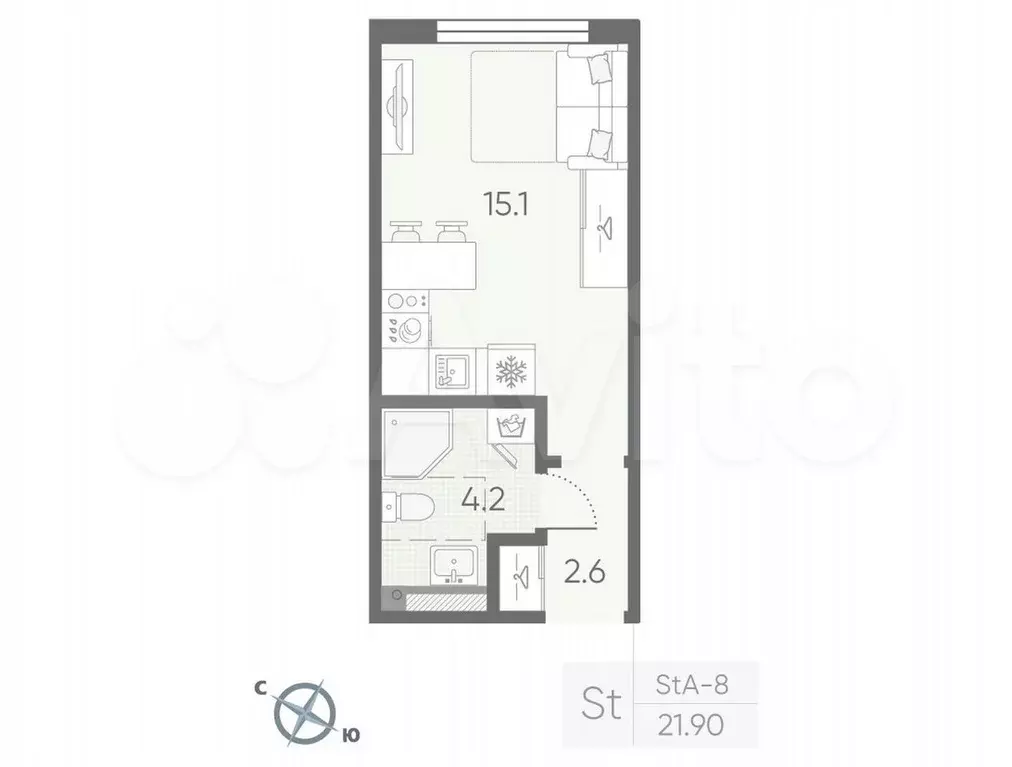 Квартира-студия, 21,9 м, 4/4 эт. - Фото 0