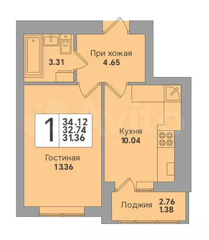 1-к. квартира, 34,1 м, 5/8 эт. - Фото 1