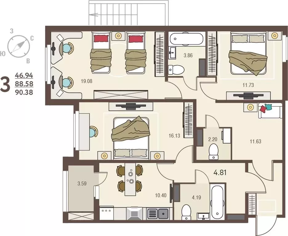 3-комнатная квартира: Курск, улица Энгельса, 115/4 (90.38 м) - Фото 0