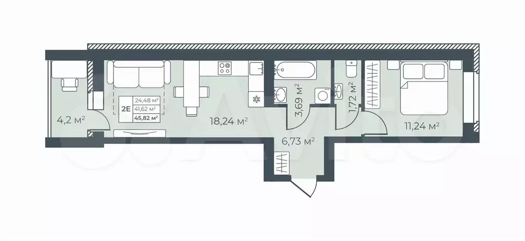 2-к. квартира, 45,8 м, 8/9 эт. - Фото 0