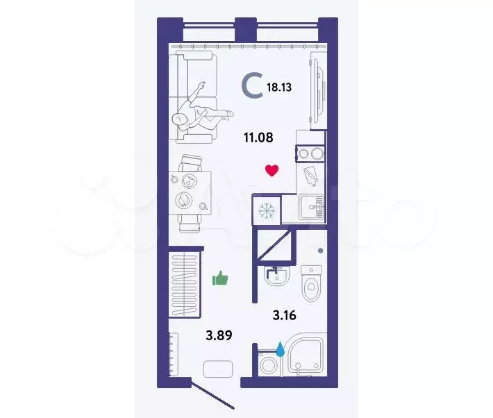 Квартира-студия, 18,1 м, 8/16 эт. - Фото 1