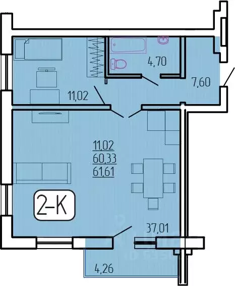 2-к кв. Бурятия, Улан-Удэ 140А мкр,  (61.61 м) - Фото 1