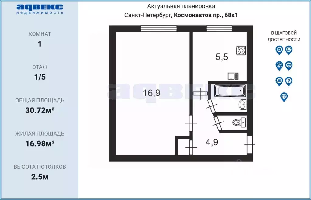 1-к кв. Санкт-Петербург просп. Космонавтов, 68К1 (30.72 м) - Фото 2