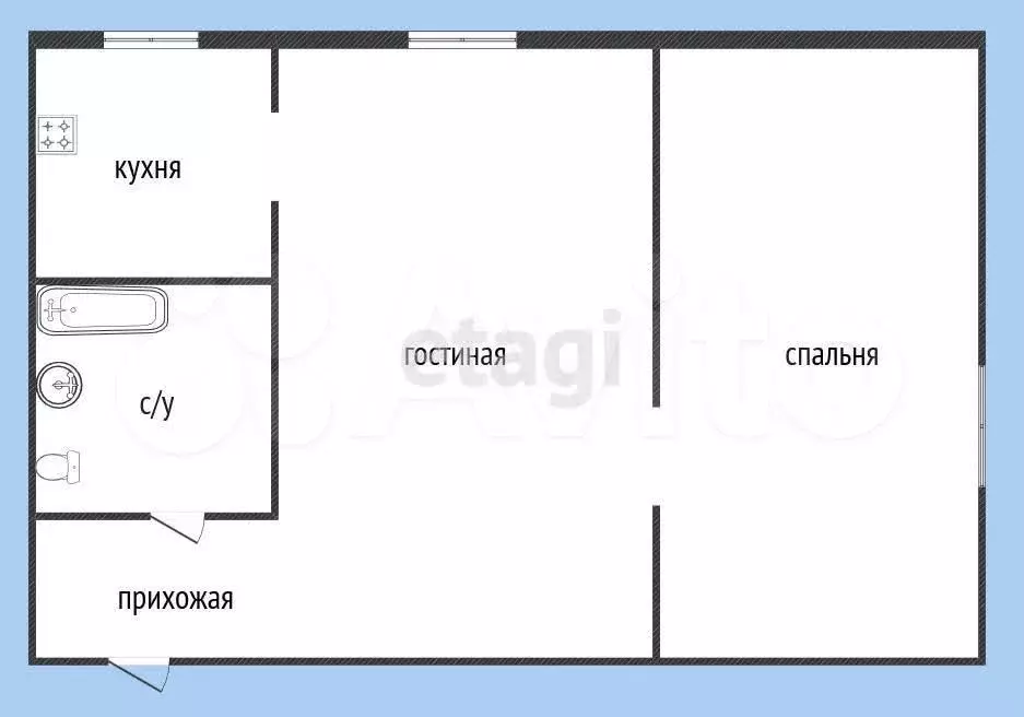 2-к. квартира, 43,4 м, 2/5 эт. - Фото 0