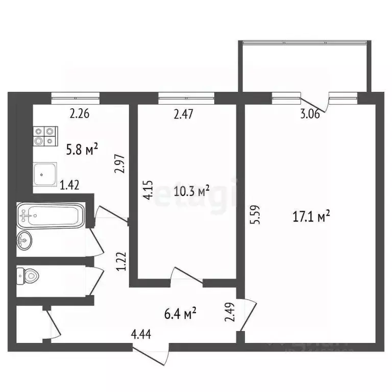 2-к кв. Челябинская область, Челябинск Северная ул., 1 (43.5 м) - Фото 1