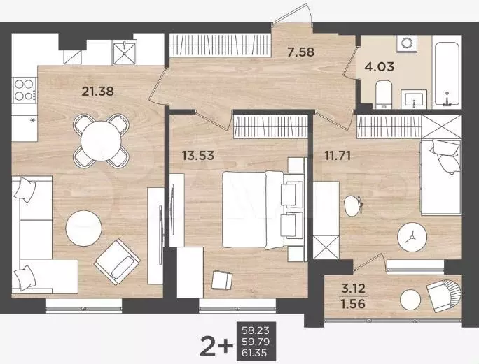 2-к. квартира, 59,9 м, 1/9 эт. - Фото 1