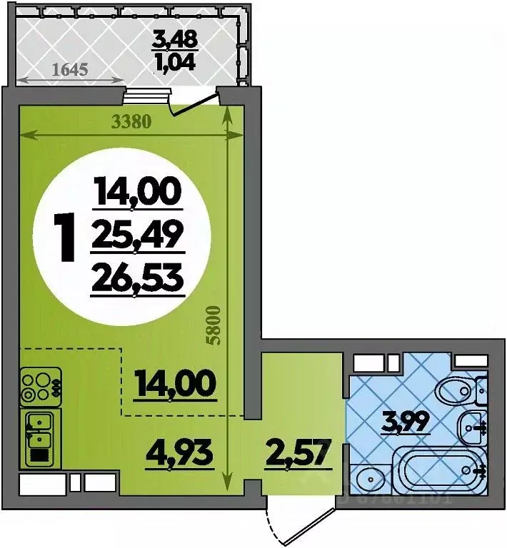 Студия Адыгея, Майкоп  (26.53 м) - Фото 1