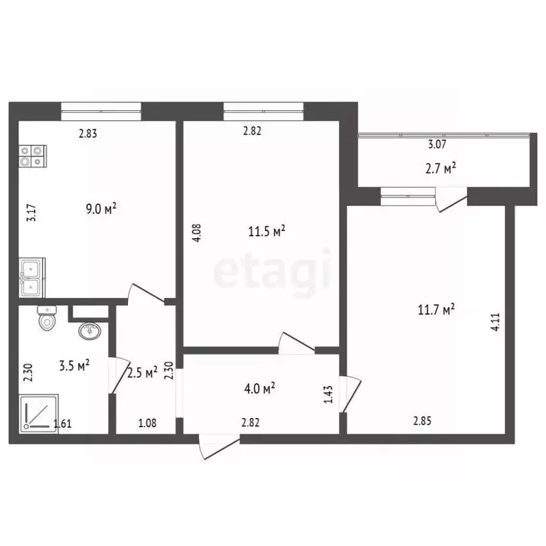 2-к кв. Тюменская область, Тюмень ул. Новоселов, 107к1 (42.0 м) - Фото 1