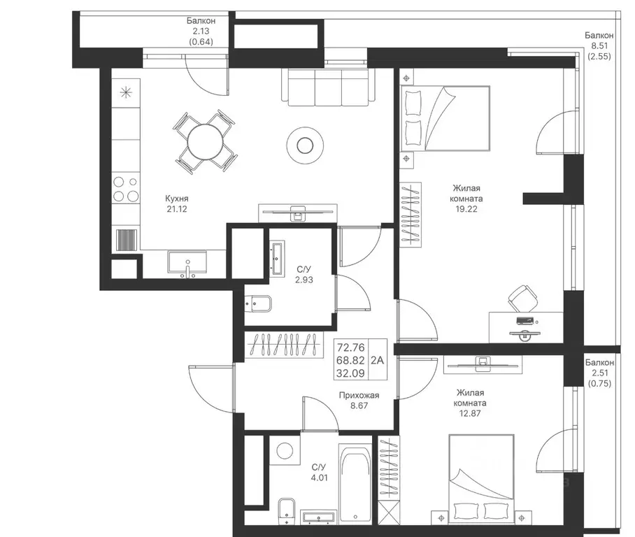 2-к кв. Татарстан, Казань Мой Ритм жилой комплекс, ПК14 (72.76 м) - Фото 1