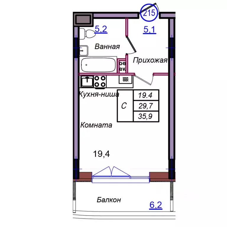 Студия Калининградская область, Светлогорск Балтийская ул. (35.9 м) - Фото 1