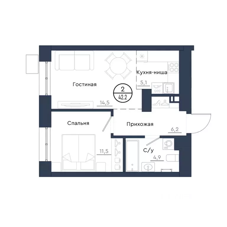 2-к кв. Красноярский край, Красноярск Чижи жилой комплекс (42.2 м) - Фото 1