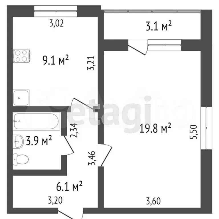 1-к. квартира, 41,7 м, 1/9 эт. - Фото 0