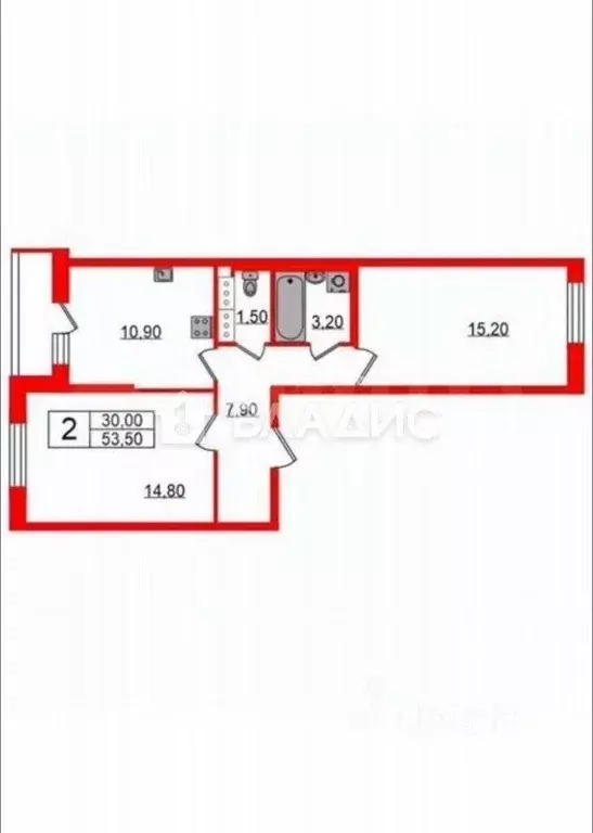 Квартира, 2 комнаты, 53.5 м - Фото 1