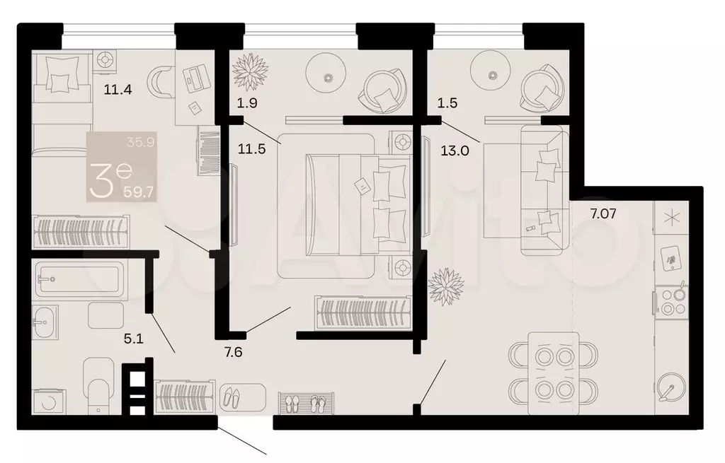 3-к. квартира, 59,7 м, 3/9 эт. - Фото 0