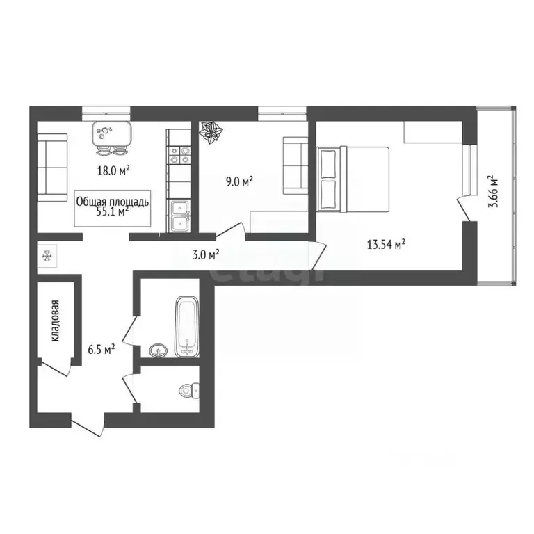 2-к кв. Новосибирская область, Новосибирск ул. Николая Сотникова, 19 ... - Фото 2