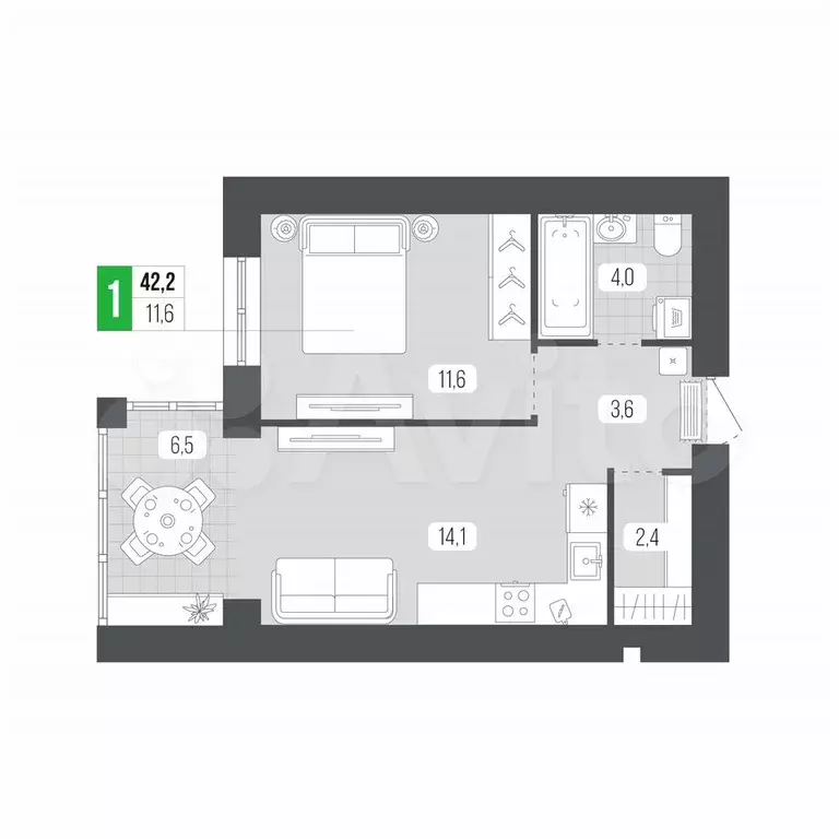 1-к. квартира, 42,2 м, 2/9 эт. - Фото 1