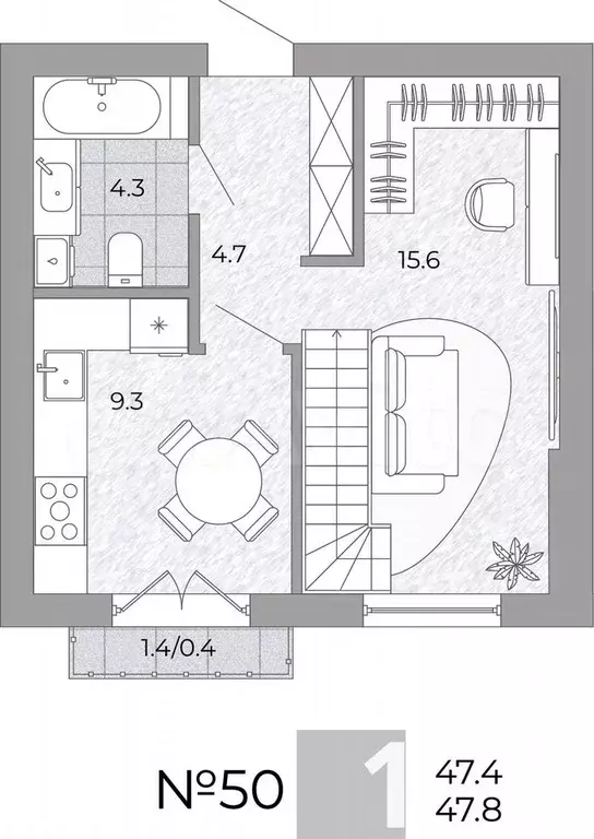 1-к. квартира, 47,8 м, 4/4 эт. - Фото 0